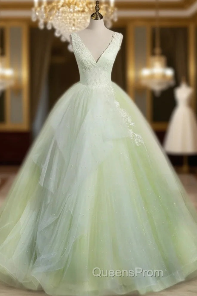 A-Line V Neck Tulle Sage Green Long Evening Prom Quinceanera Dress