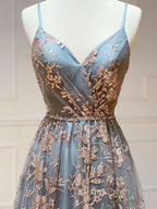 A-Line  V Neck Tulle Sequin Long Evening Prom Dress, Backless Long Evening Dress