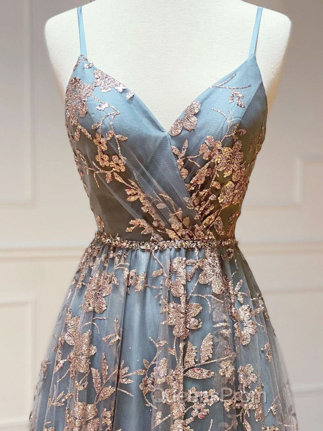 A-Line  V Neck Tulle Sequin Long Evening Prom Dress, Backless Long Evening Dress