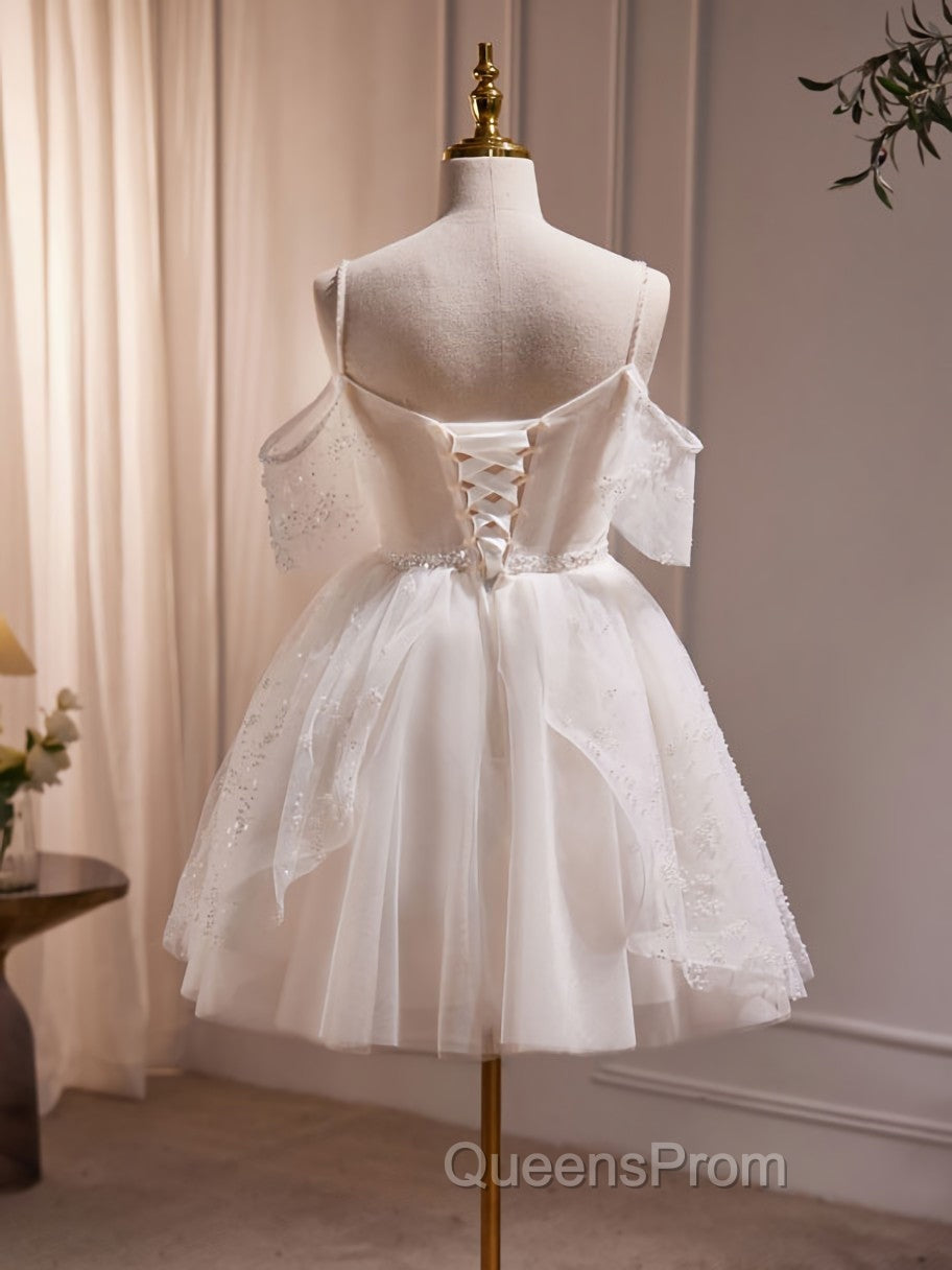 A-Line V Neck Tulle Short Beige Evening Prom Dress, Cute Beige Homecoming Dress Secondary image