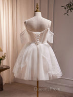 A-Line V Neck Tulle Short Beige Evening Prom Dress, Cute Beige Homecoming Dress