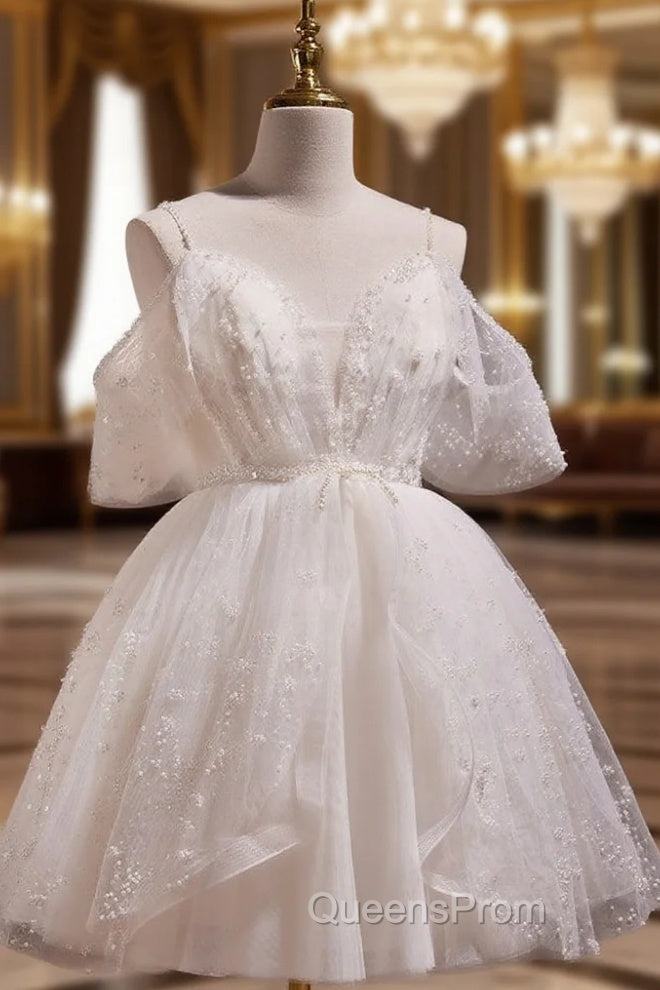 A-Line V Neck Tulle Short Beige Evening Prom Dress, Cute Beige Homecoming Dress
