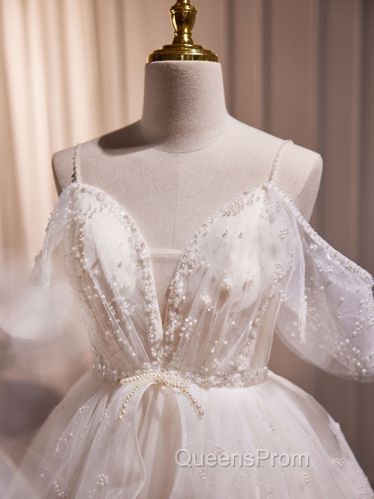 A-Line V Neck Tulle Short Beige Evening Prom Dress, Cute Beige Homecoming Dress