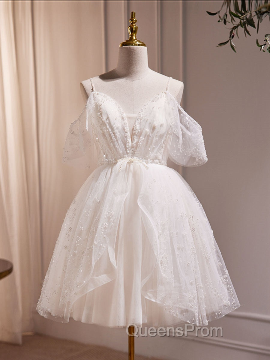 A-Line V Neck Tulle Short Beige Evening Prom Dress, Cute Beige Homecoming Dress