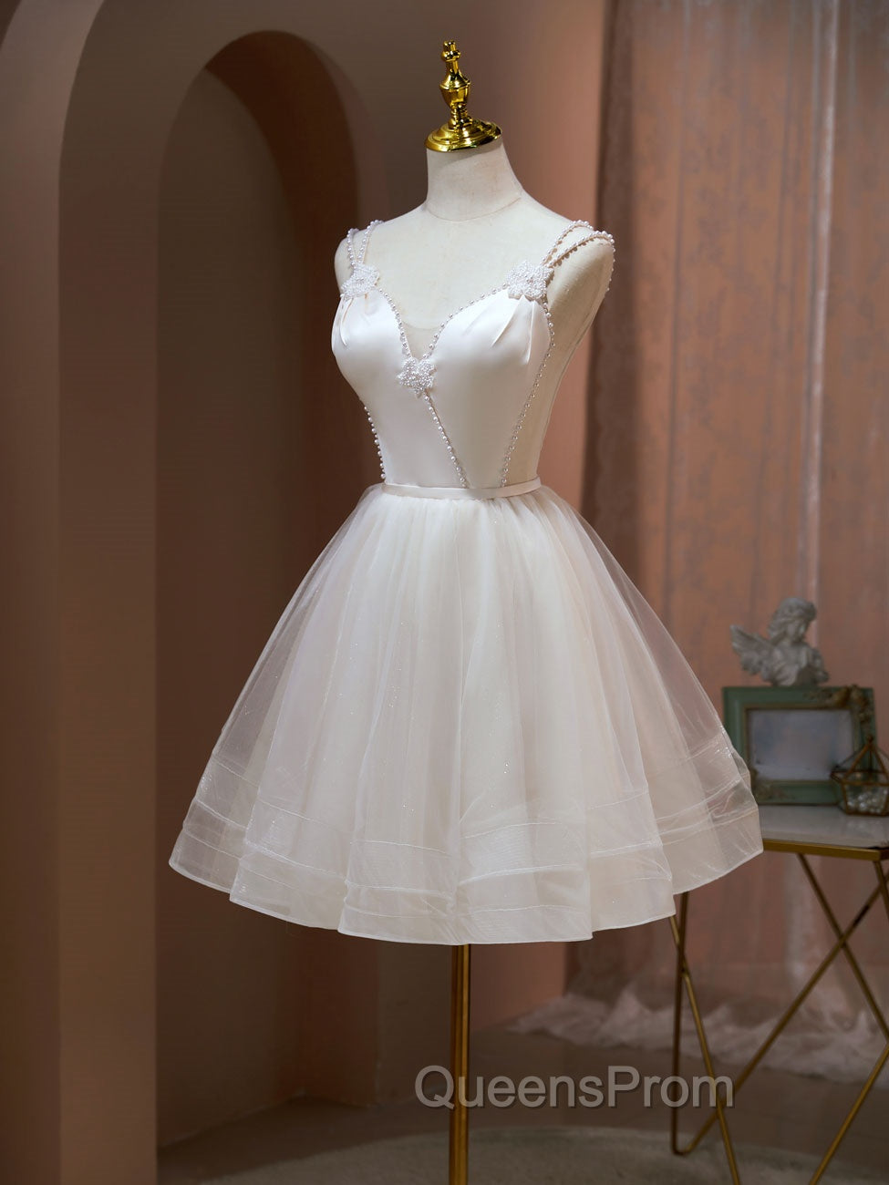 A Line v neck tulle Short Beige Evening Prom Dress, Cute Puffy Beige Homecoming Dress With Beading Secondary image