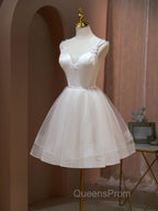A Line v neck tulle Short Beige Evening Prom Dress, Cute Puffy Beige Homecoming Dress With Beading