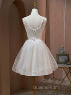 A Line v neck tulle Short Beige Evening Prom Dress, Cute Puffy Beige Homecoming Dress With Beading
