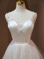 A Line v neck tulle Short Beige Evening Prom Dress, Cute Puffy Beige Homecoming Dress With Beading