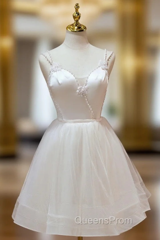 A Line v neck tulle Short Beige Evening Prom Dress, Cute Puffy Beige Homecoming Dress With Beading Main image