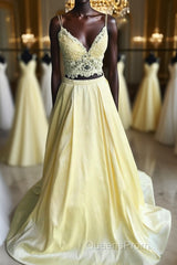 A Line V Neck Two Pieces Lace Top Yellow Evening Prom Dress, Two Pieces Yellow Formal Dress, Yellow Lace Evening Dress