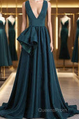 A Line V Neck V Back Green Satin Long Evening Prom Dress, Long Green Formal Evening Dress