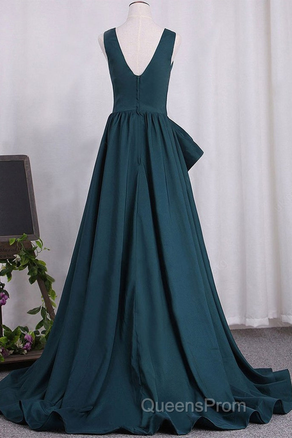 A Line V Neck V Back Green Satin Long Evening Prom Dress, Long Green Formal Evening Dress Secondary image