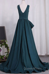 A Line V Neck V Back Green Satin Long Evening Prom Dress, Long Green Formal Evening Dress