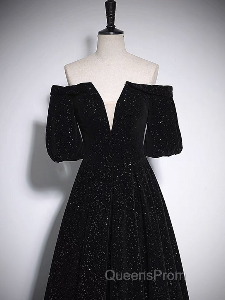 A-Line V Neck Velvet Black Long Evening Prom Dress, Black Evening Dress