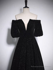 A-Line V Neck Velvet Black Long Prom Dress, Black Formal Evening Dress