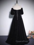 A-Line V Neck Velvet Black Long Evening Prom Dress, Black Evening Dress