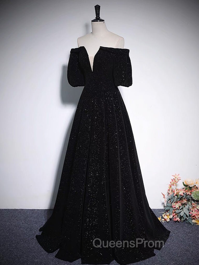 A-Line V Neck Velvet Black Long Evening Prom Dress, Black Evening Dress Secondary image