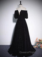 A-Line V Neck Velvet Black Long Evening Prom Dress, Black Evening Dress