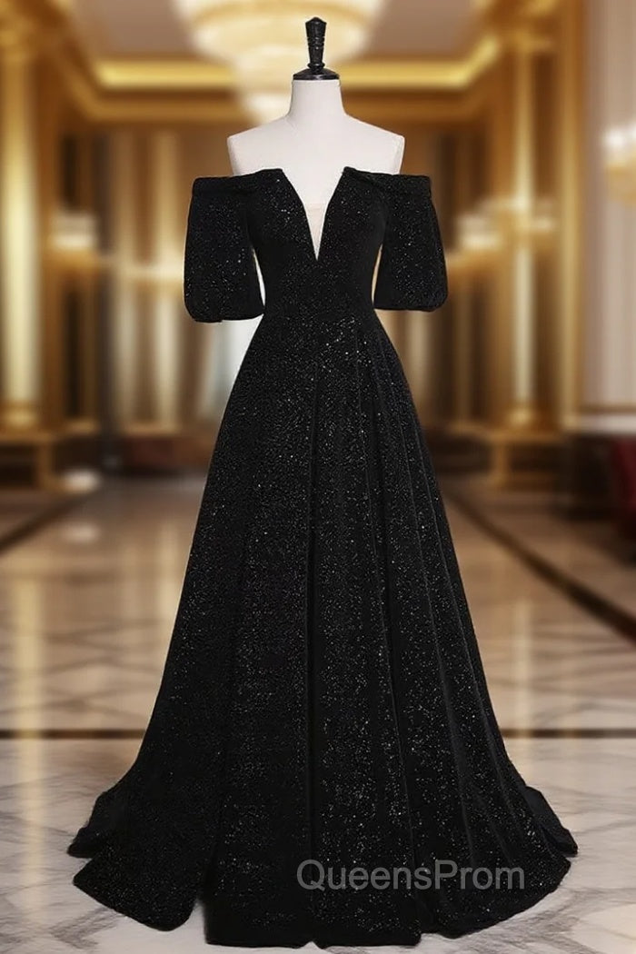 A-Line V Neck Velvet Black Long Evening Prom Dress, Black Evening Dress