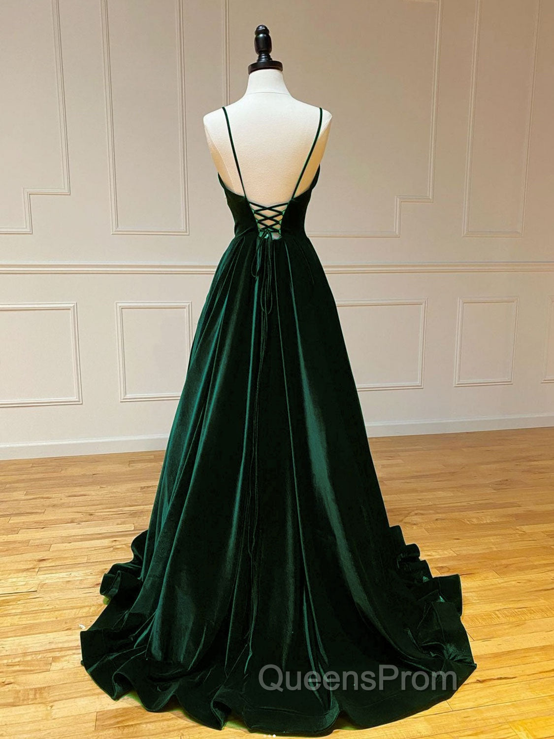 A-Line V Neck Velvet Green Long Evening Prom Dress, Green Velvet Evening Dress