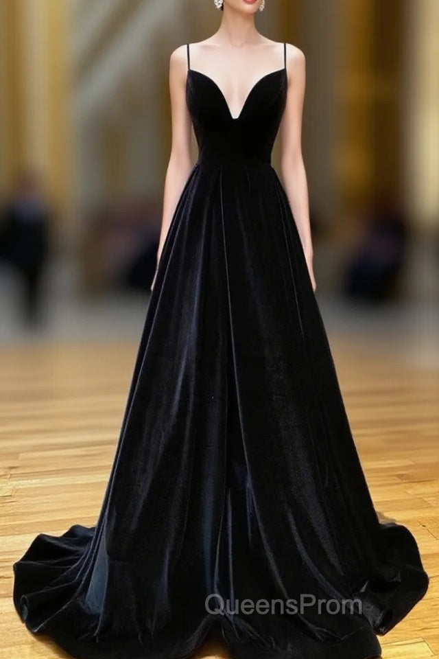 A-Line V Neck Velvet Green Long Evening Prom Dress, Green Velvet Evening Dress