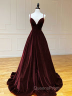 A-Line V Neck Velvet Green Long Evening Prom Dress, Green Velvet Evening Dress