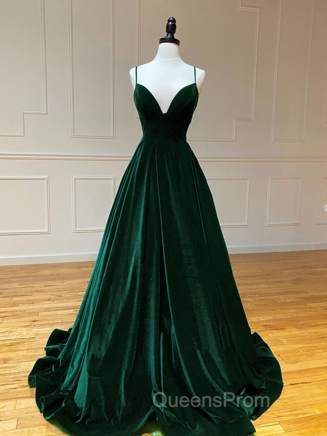 A-Line V Neck Velvet Green Long Evening Prom Dress, Green Velvet Evening Dress