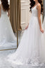 A Line V Neck White Lace Long Evening Prom Dress, White Lace Wedding Dress, White Formal Evening Dress
