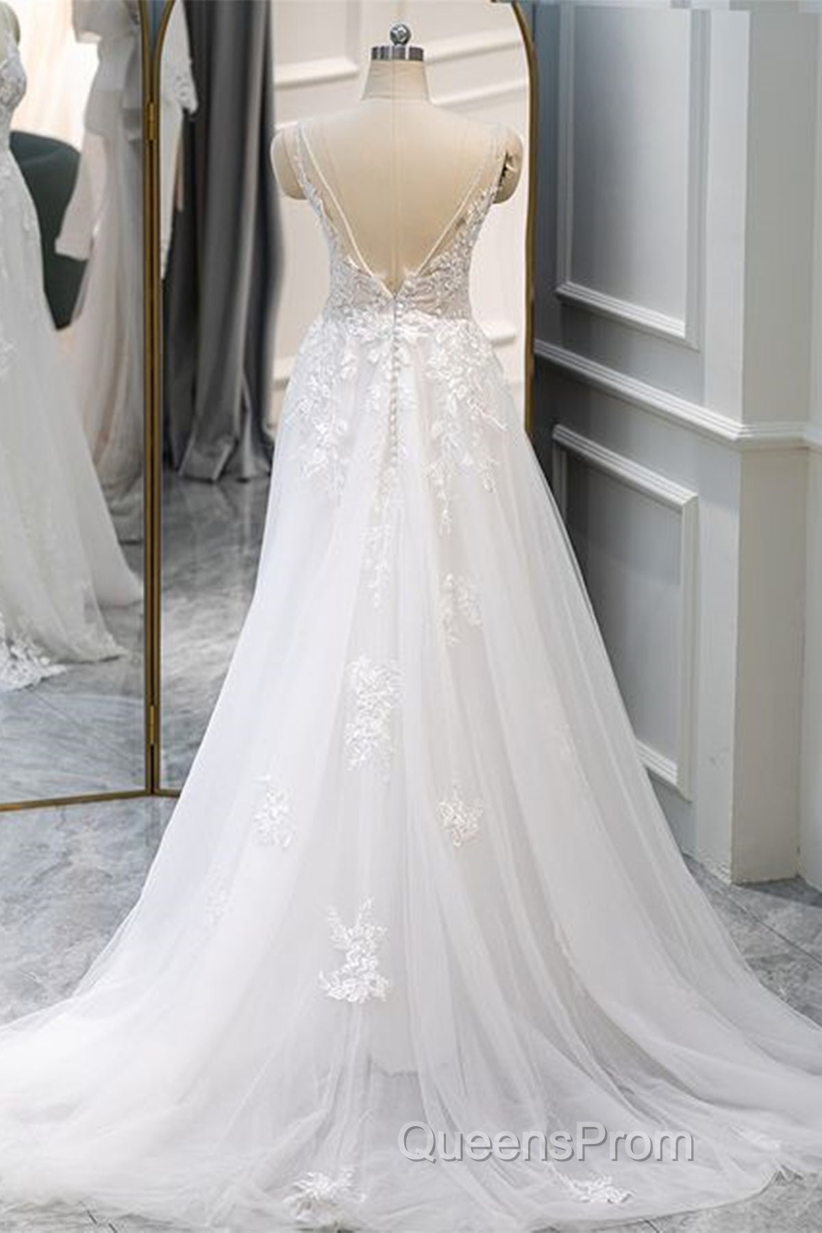 A Line V Neck White Lace Long Evening Prom Dress, White Lace Wedding Dress, White Formal Evening Dress Secondary image