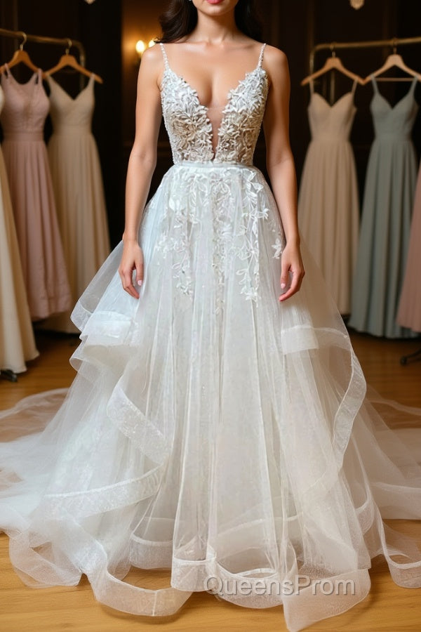A Line V Neck White Lace Long Evening Prom Dress, White Lace Wedding Dress, White Formal Evening Dress Main image
