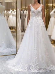 A Line V Neck White Lace Long Evening Prom Dress, White Lace Wedding Dress, White Formal Evening Dress A1801