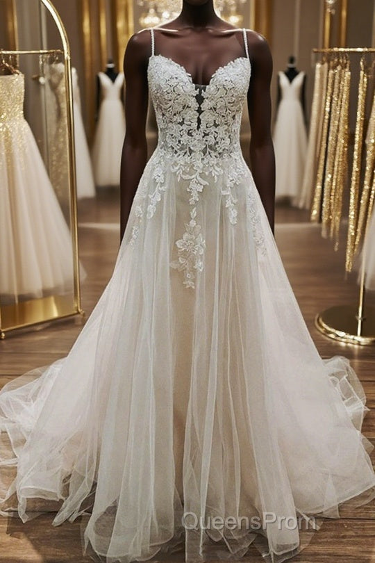 A Line V Neck White Lace Long Evening Prom Wedding Dress, Thin Strap White Lace Formal Dress, White Lace Evening Dress Main image
