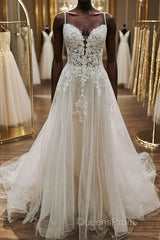A Line V Neck White Lace Long Evening Prom Wedding Dress, Thin Strap White Lace Formal Dress, White Lace Evening Dress