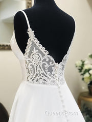 A Line V Neck White Wedding Dress with Lace Back, White V Neck Evening Prom Formal Dress