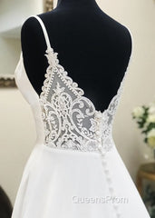 A Line V Neck White Wedding Dress with Sweep Train, White Evening Prom Dress