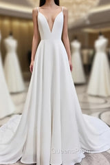 A Line V Neck White Wedding Dress with Sweep Train, White Evening Prom Dress