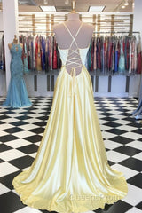A Line V Neck Yellow Long Evening Prom Dress, Yellow Long Backless Formal Evening Dress