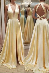 A Line V Neck Yellow Satin Long Evening Prom Dress, V Neck Backless Yellow Formal Evening Dress