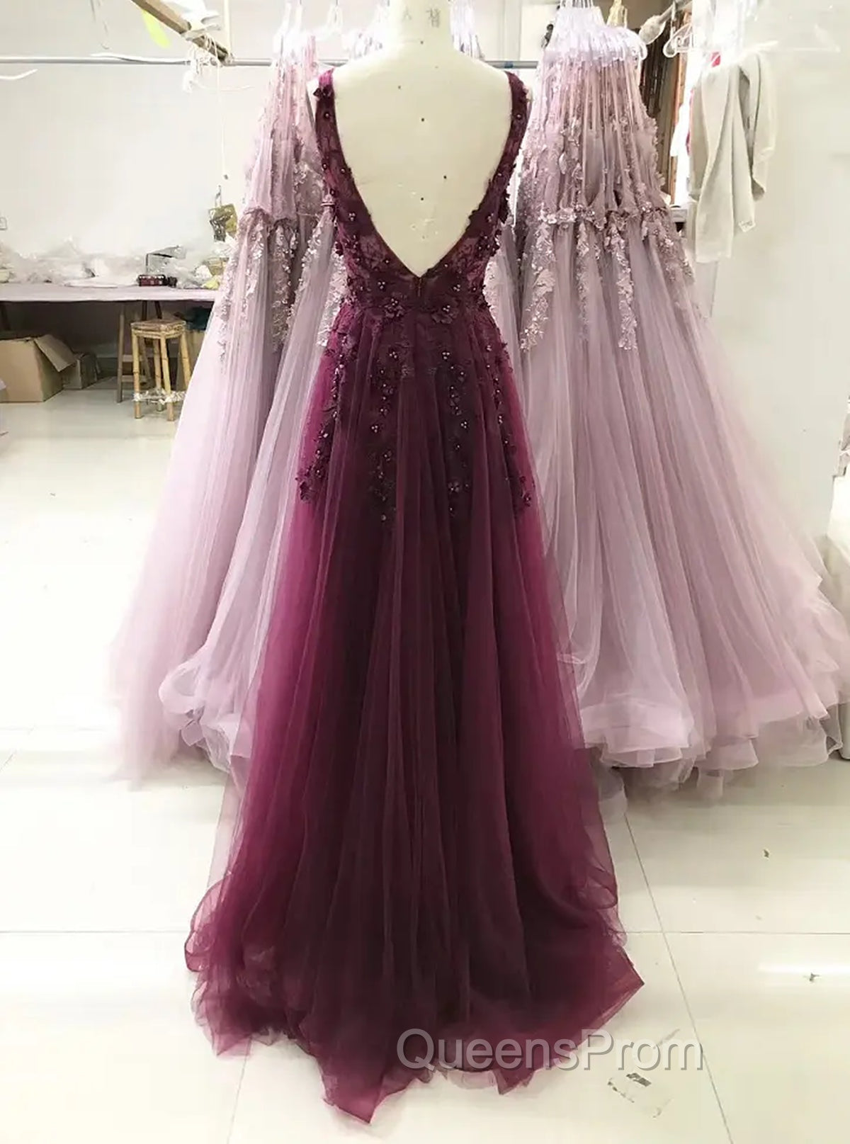 A-line V-neckline Flowers Tulle  Evening Dress Evening Prom Dress, Long Wedding Party Dress