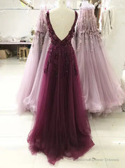 A-line V-neckline Flowers Tulle  Evening Dress Prom Dress, Long Wedding Party Dress