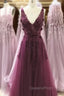 A-line V-neckline Flowers Tulle  Evening Dress Evening Prom Dress, Long Wedding Party Dress