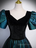 A-Line Velvet And Tulle Long Evening Prom Dress, Short Sleeve Party Dress Formal Dress