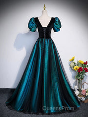 A-Line Velvet And Tulle Long Evening Prom Dress, Short Sleeve Party Dress Formal Dress