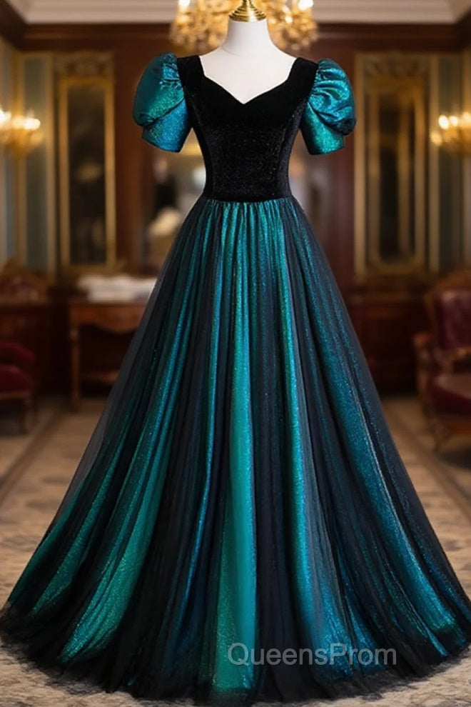 A-Line Velvet And Tulle Long Evening Prom Dress, Short Sleeve Party Dress Formal Dress