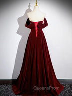 A-Line Velvet Burgundy Long Evening Prom Dress, Burgundy Long Evening Dress