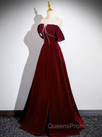 A-Line Velvet Burgundy Long Evening Prom Dress, Burgundy Long Evening Dress