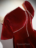 A-Line Velvet Burgundy Long Evening Prom Dress, Burgundy Long Evening Dress
