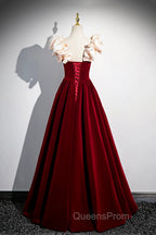 A-Line Velvet Floor Length Evening Prom Dress, Burgundy Off the Shoulder Evening Party Dress