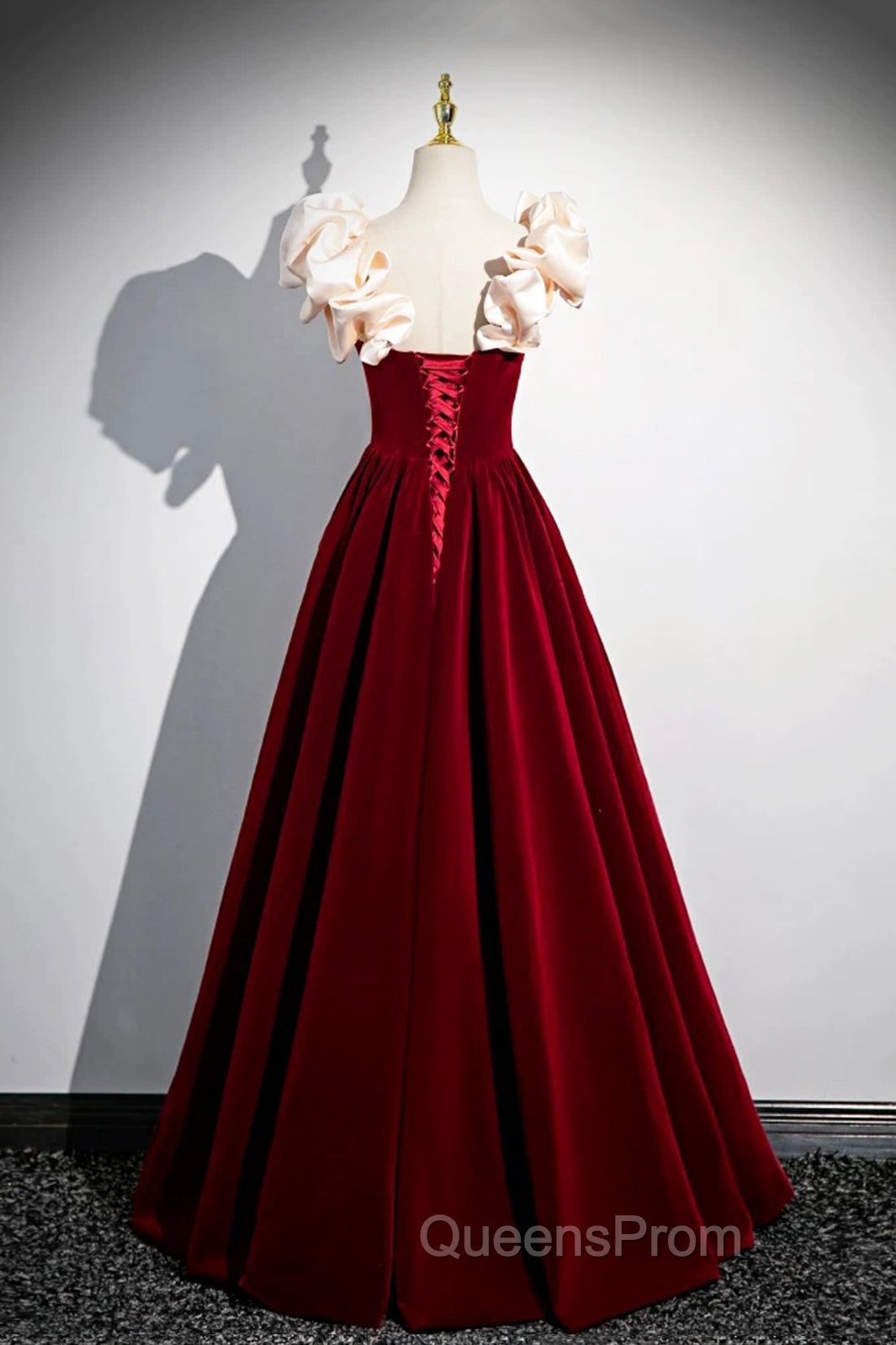 A-Line Velvet Floor Length Evening Prom Dress, Burgundy Off the Shoulder Evening Party Dress