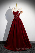 A-Line Velvet Floor Length Evening Prom Dress, Burgundy Off the Shoulder Evening Party Dress